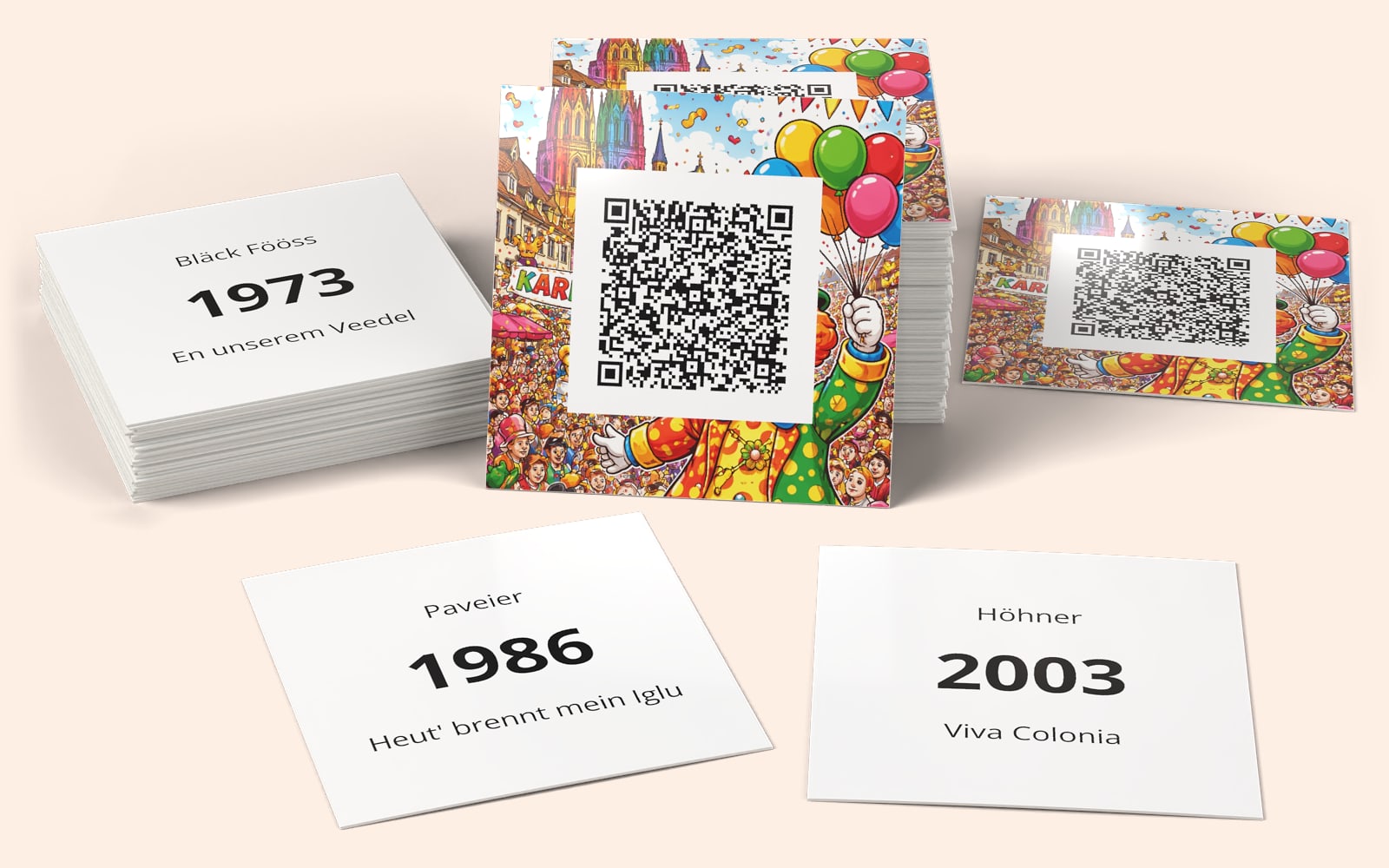 QRSong! muziekkaarten van Kölner Karnevalslieder alt bis neu: het kaartontwerp met de QR-code, en de artiest, het jaartal en de titel op de achterkant van elke kaart