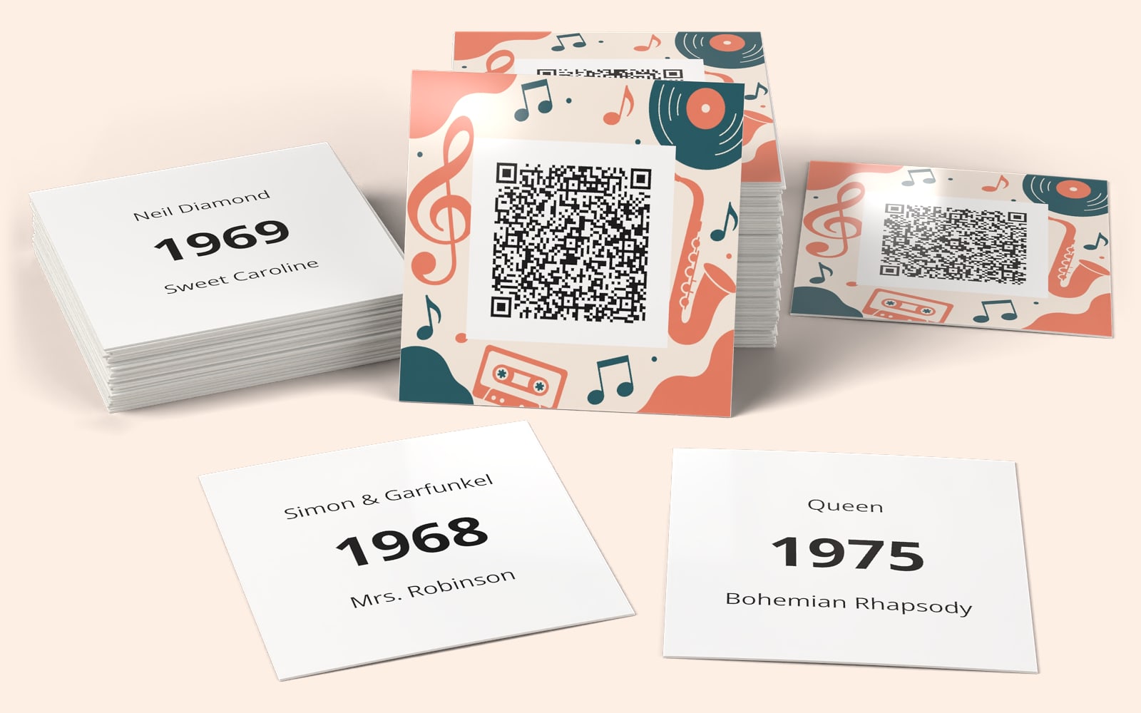 Classic Dad HitsのQRSong!ミュージックカード:QRコード付きのカードデザインと、各カード裏面のアーティスト、年、タイトル