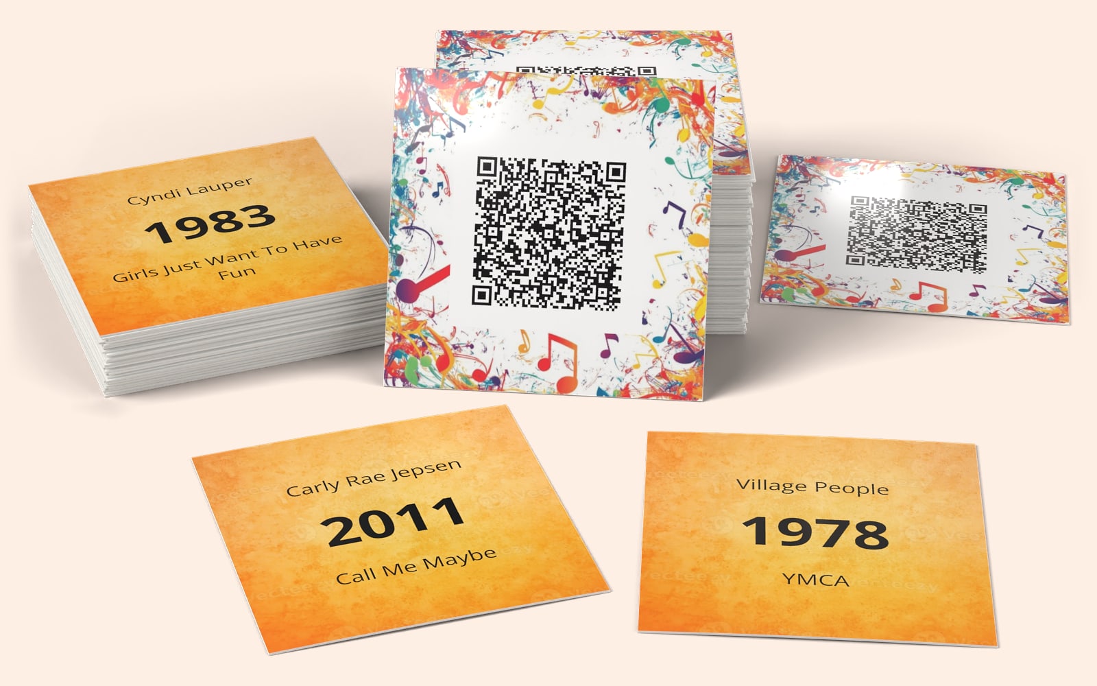 QRSong! muziekkaarten van Timeless Sound Mix vol.1: het kaartontwerp met de QR-code, en de artiest, het jaartal en de titel op de achterkant van elke kaart