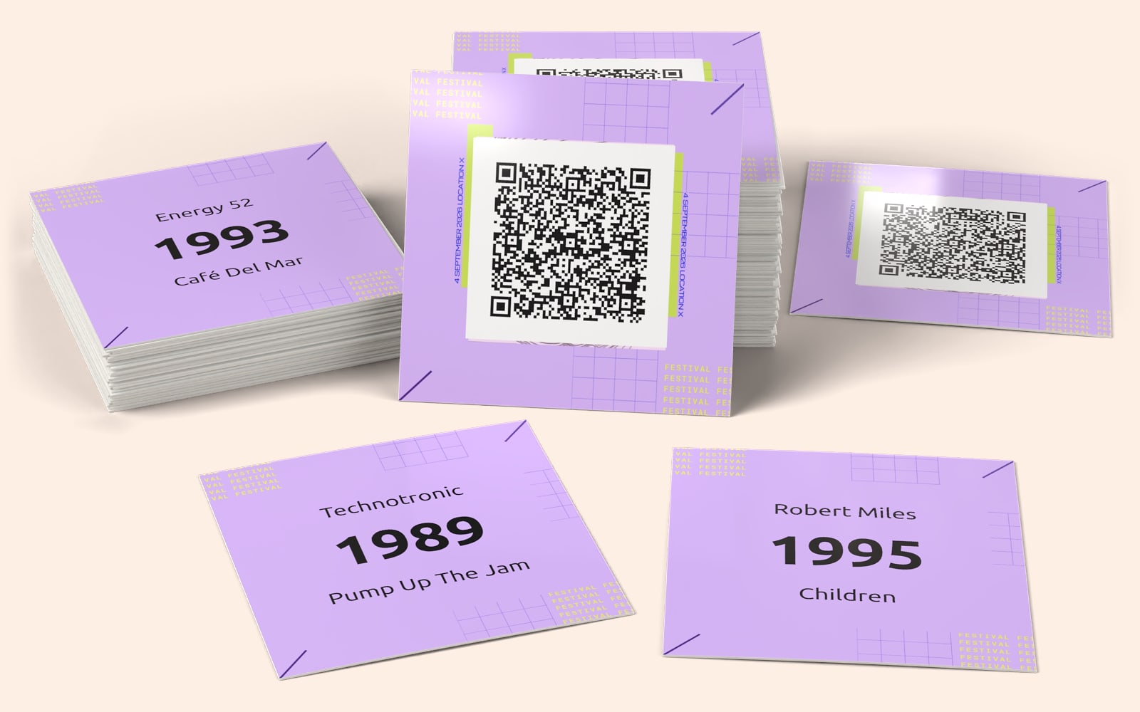 Karty muzyczne QRSong! (Techno Hister): projekt karty z kodem QR oraz wykonawca, rok i tytuł na odwrocie każdej karty