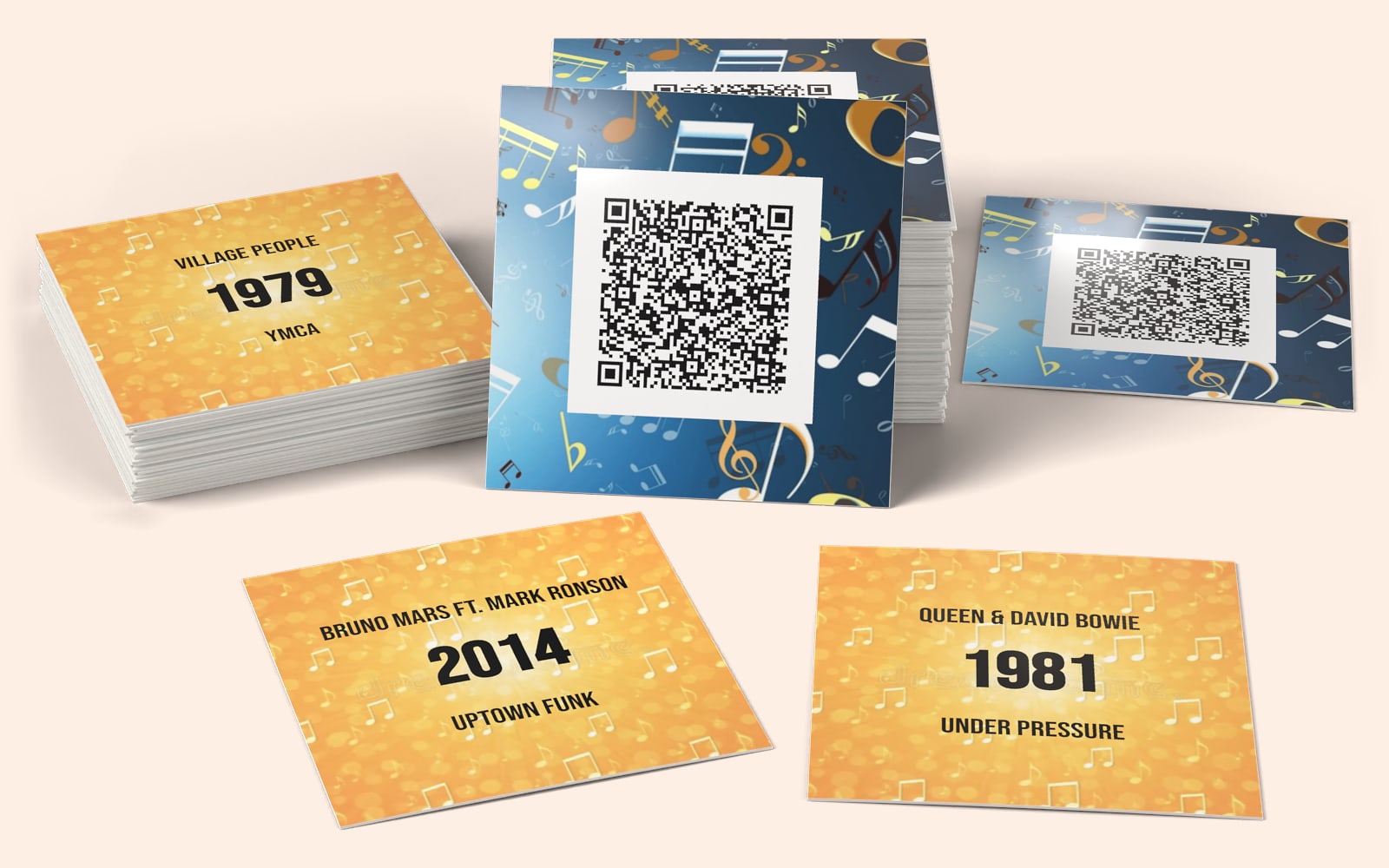 QRSong! muziekkaarten van The Big Mix : het kaartontwerp met de QR-code, en de artiest, het jaartal en de titel op de achterkant van elke kaart