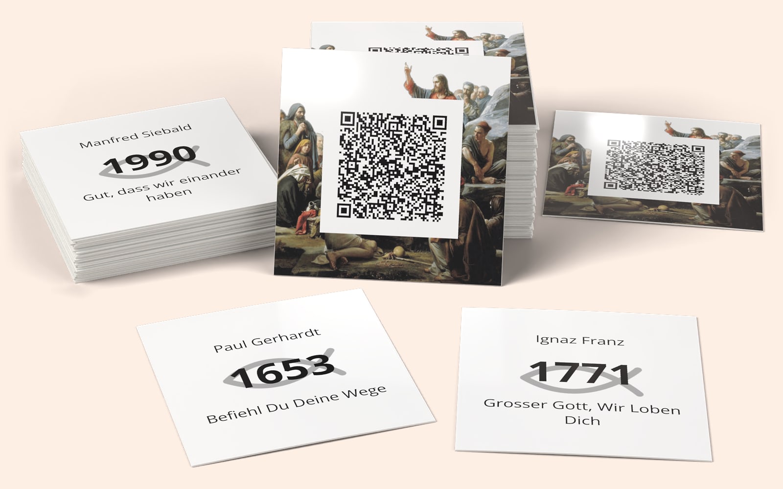 Karty muzyczne QRSong! (Worship Deutsch): projekt karty z kodem QR oraz wykonawca, rok i tytuł na odwrocie każdej karty
