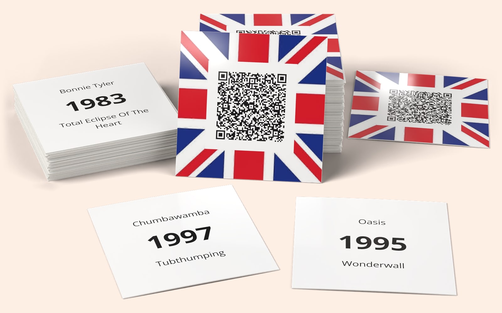 Karty muzyczne QRSong! (The best of the UK (United Kingdom)): projekt karty z kodem QR oraz wykonawca, rok i tytuł na odwrocie każdej karty