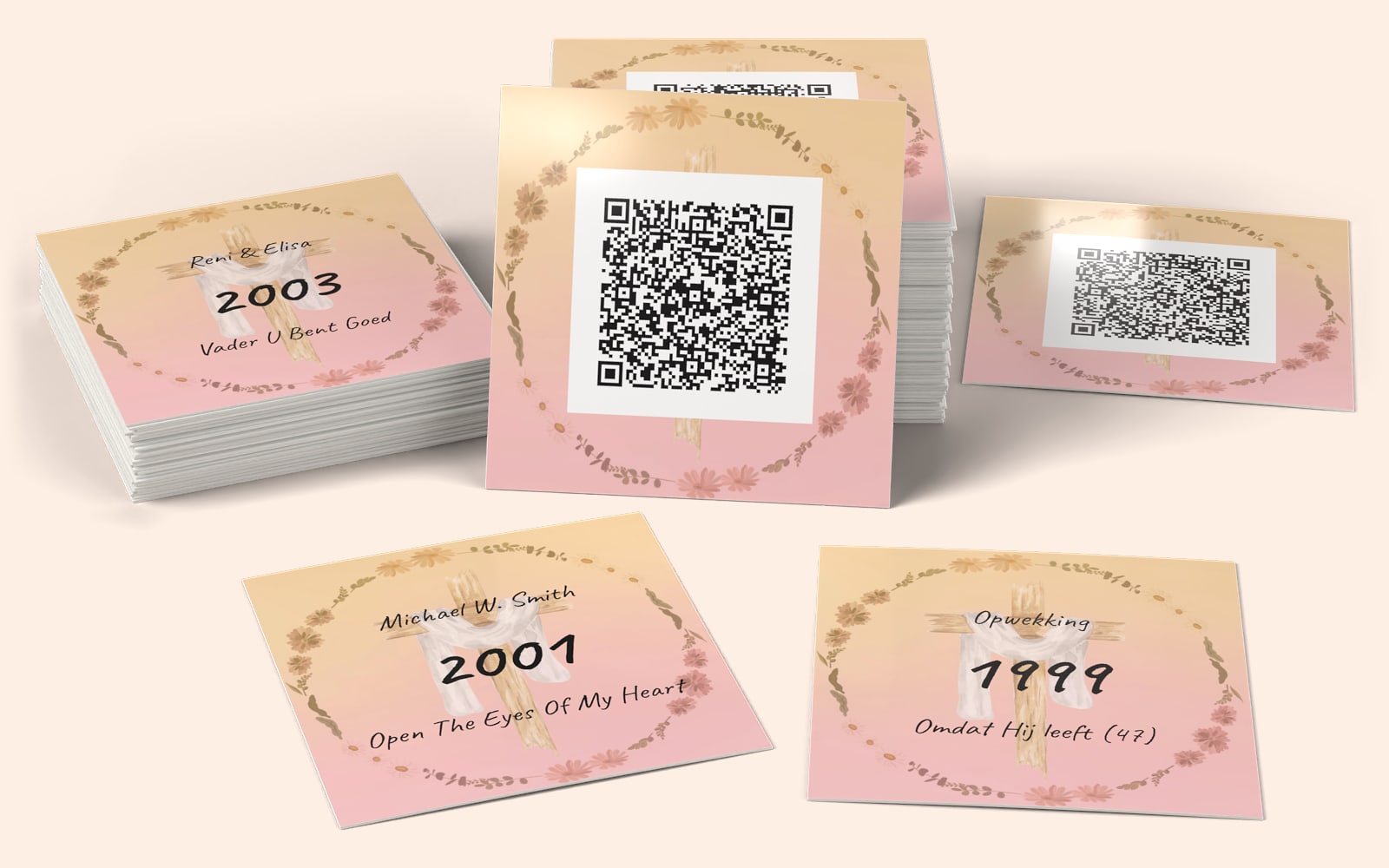 QRSong! muziekkaarten van Christelijke QRSong!: het kaartontwerp met de QR-code, en de artiest, het jaartal en de titel op de achterkant van elke kaart