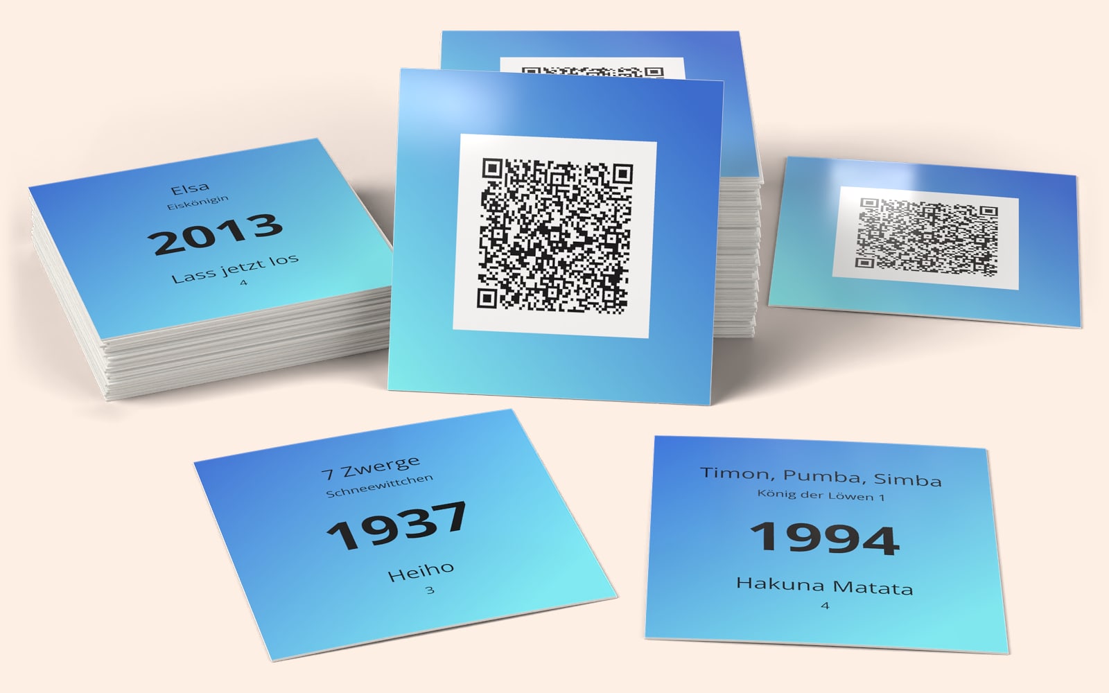 Cartas musicais QRSong! de Cartoon Lieder : o design da carta com o código QR, e o artista, o ano e o título no verso de cada carta