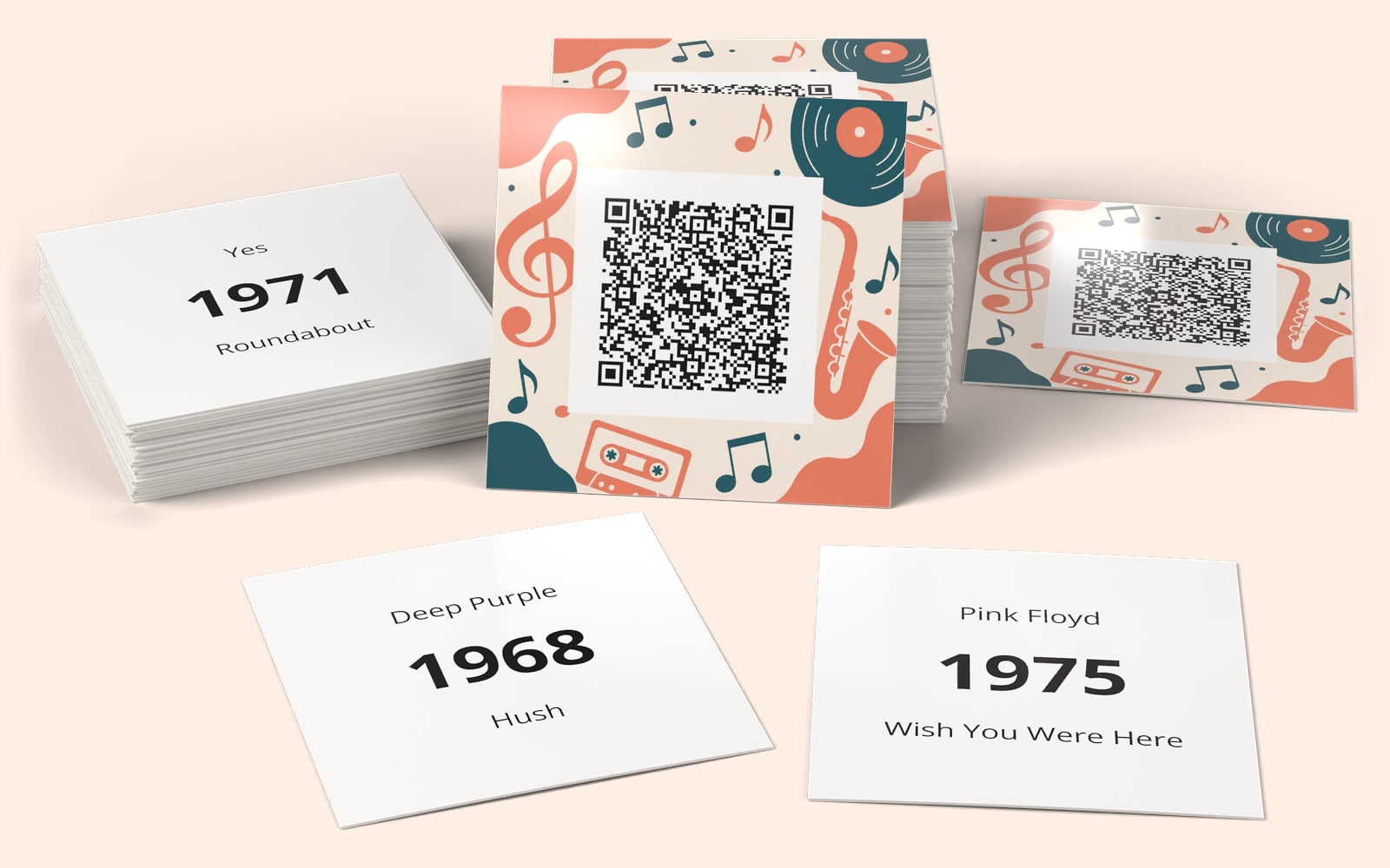 ProgRockのQRSong!ミュージックカード：QRコード付きのカードデザインと、各カード裏面のアーティスト、年、タイトル