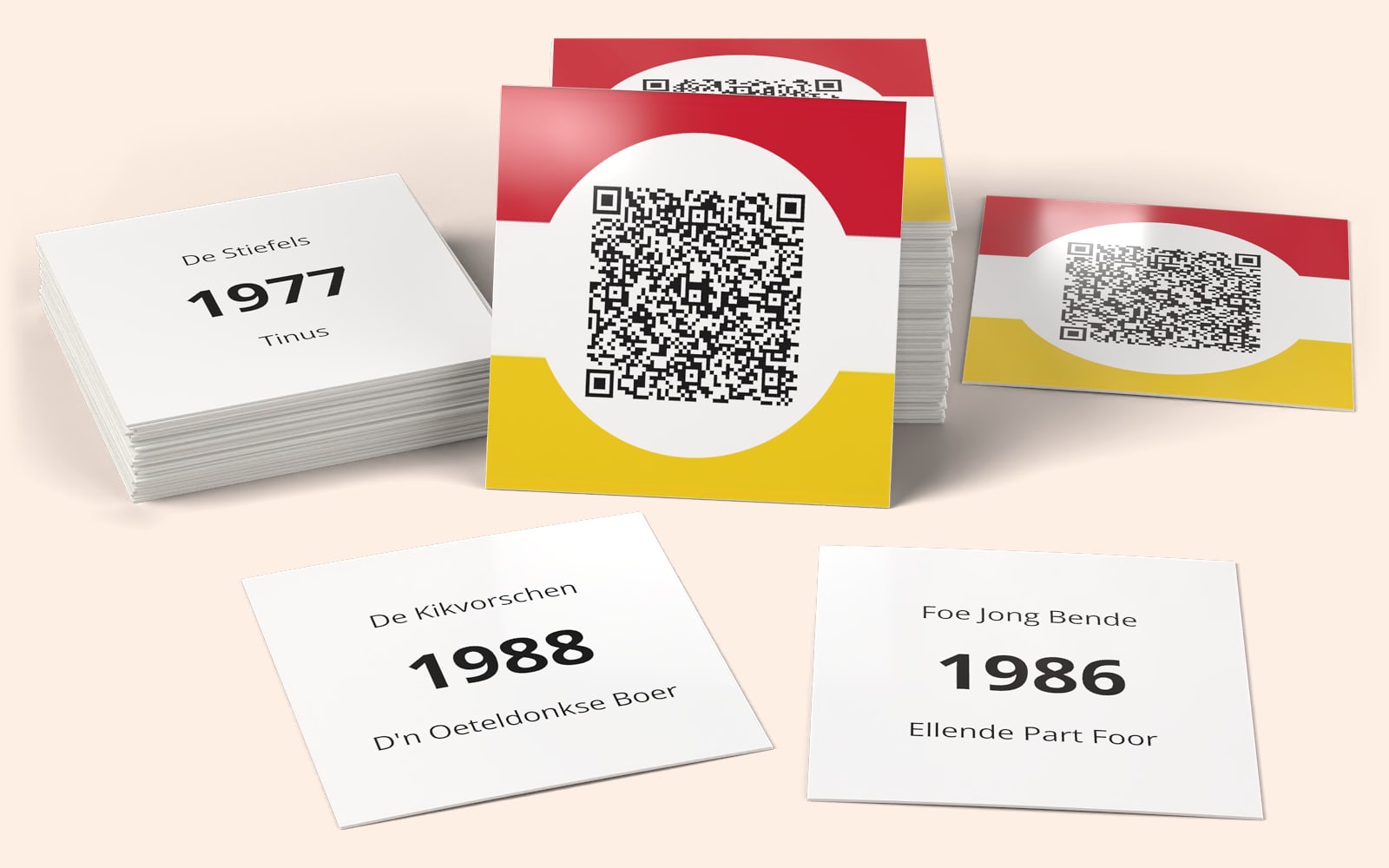 QRSong! muziekkaarten van Oeteldonk QRSong!: het kaartontwerp met de QR-code, en de artiest, het jaartal en de titel op de achterkant van elke kaart