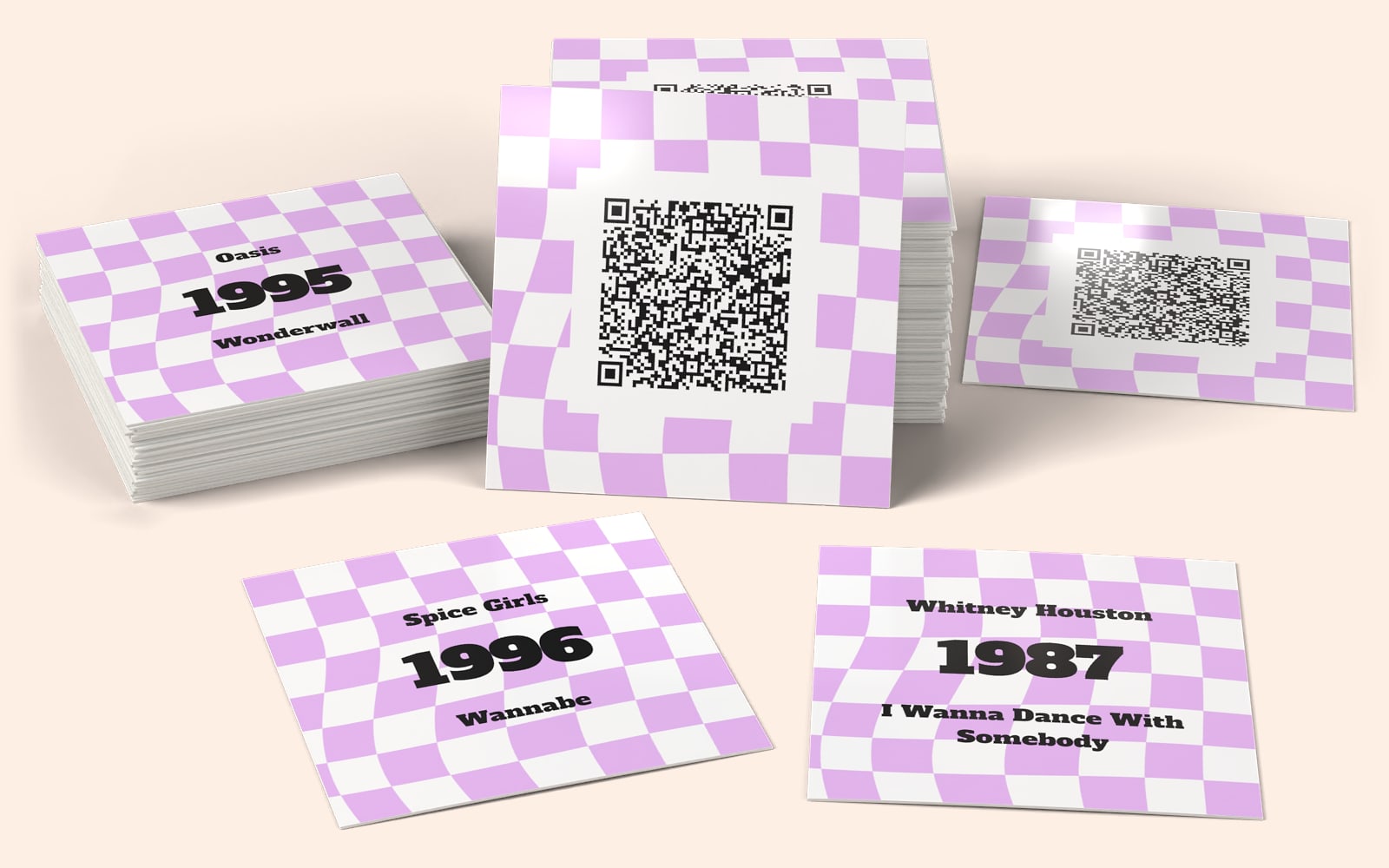 Cartas musicais QRSong! de 40 JAHRE 1986-2026: o design da carta com o código QR, e o artista, o ano e o título no verso de cada carta