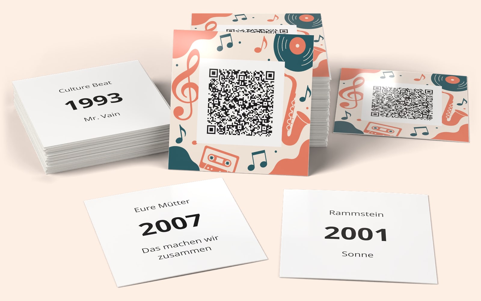 Mittelalter, Folk, Rock, Humor und TechnoのQRSong!ミュージックカード:QRコード付きのカードデザインと、各カード裏面のアーティスト、年、タイトル