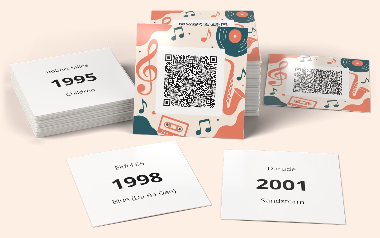 Dance, Trance und TechnoのQRSong!ミュージックカード：QRコード付きのカードデザインと、各カード裏面のアーティスト、年、タイトル