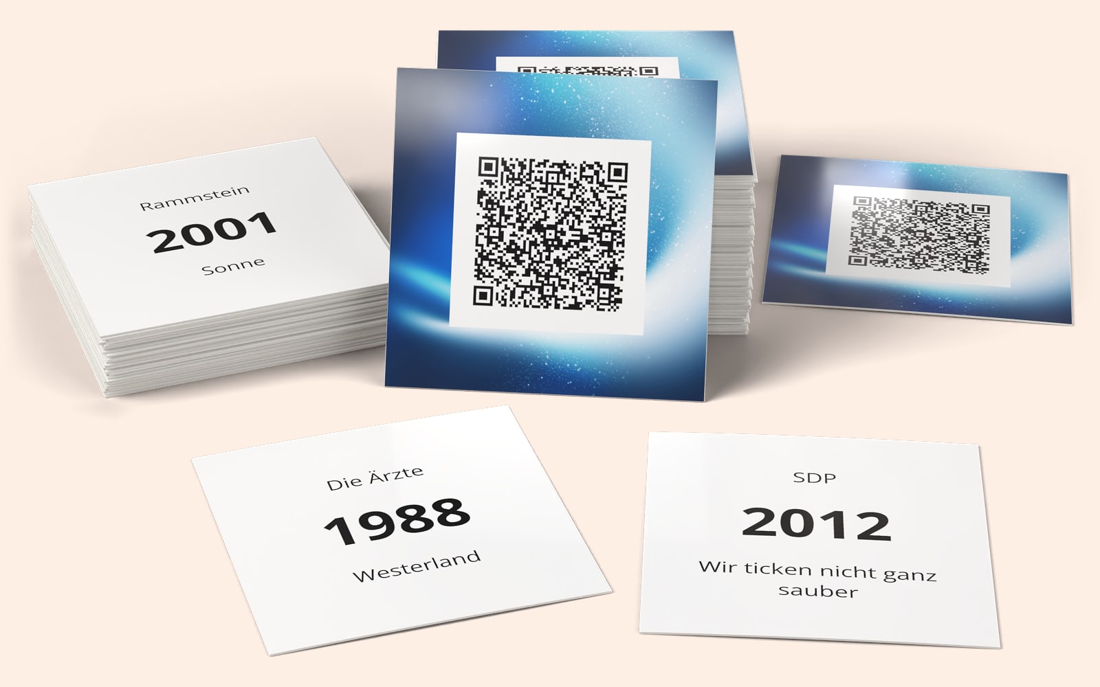 QRSong! muziekkaarten van Die besten Tage : het kaartontwerp met de QR-code, en de artiest, het jaartal en de titel op de achterkant van elke kaart